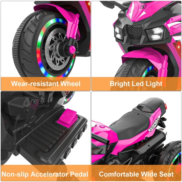 12V Electric Ride-On Motorcycle for Kids with LED Wheels, Music, & Bluetooth – Pink 3-Wheel Trike