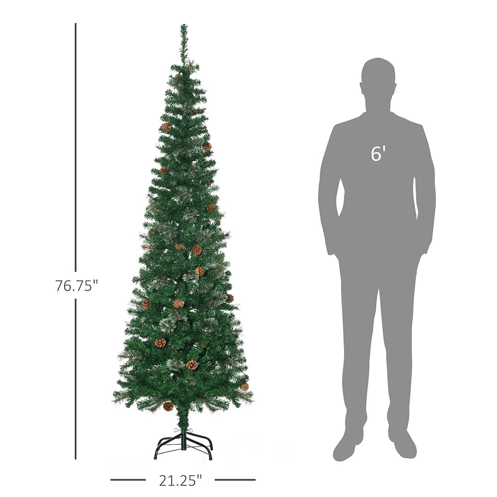 6.5 / 7.5 / 9.5ft Green Slim Pencil Christmas Tree with Realistic Branches, Pine Cones & Metal Base,