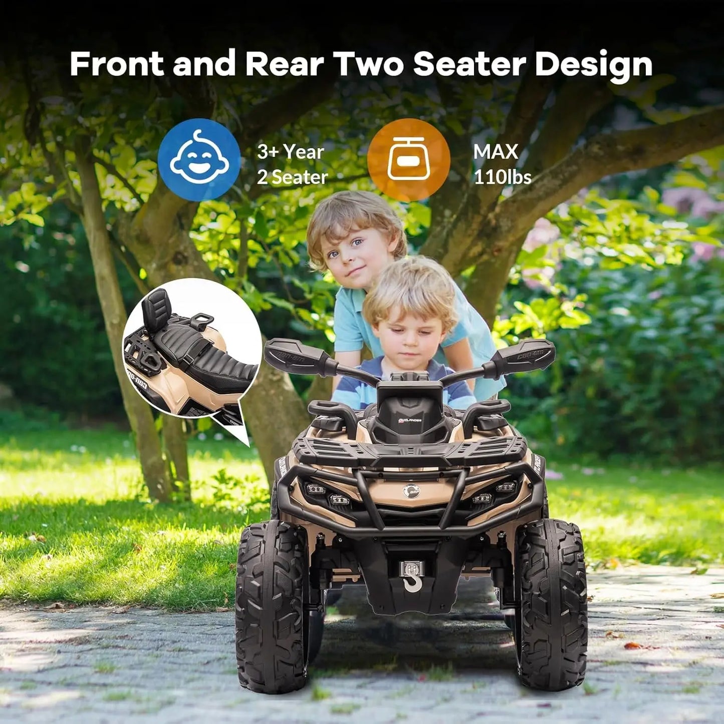 24V 2-Seater Ride-On ATV for Kids with Bluetooth, Leather Seats, 3 Speeds & Realistic Controls – Electric 4-Wheeler Toy for Ages 3+