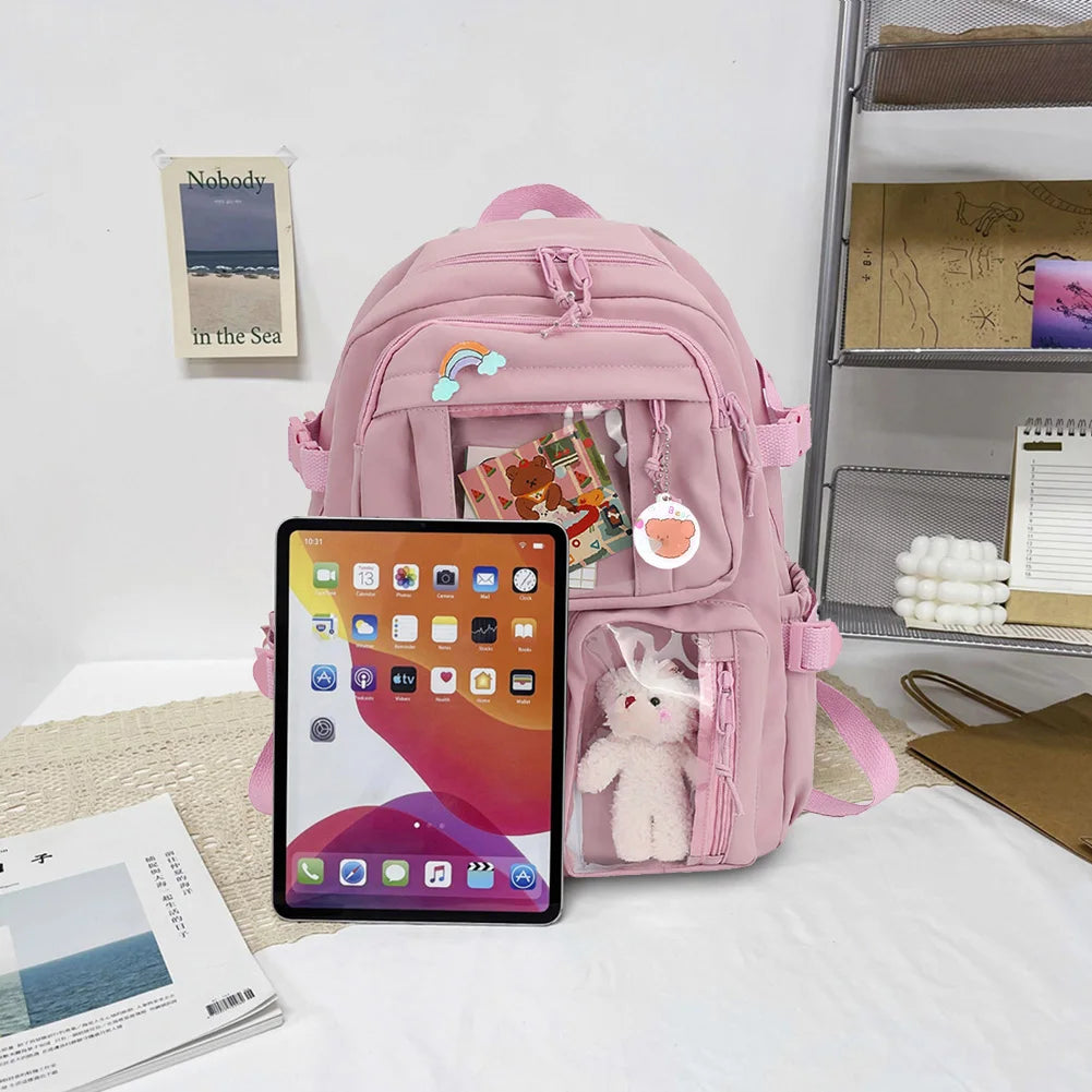 Kawaii Nylon College Backpack with Plush Pendant and Pins – Large Capacity Student Schoolbag