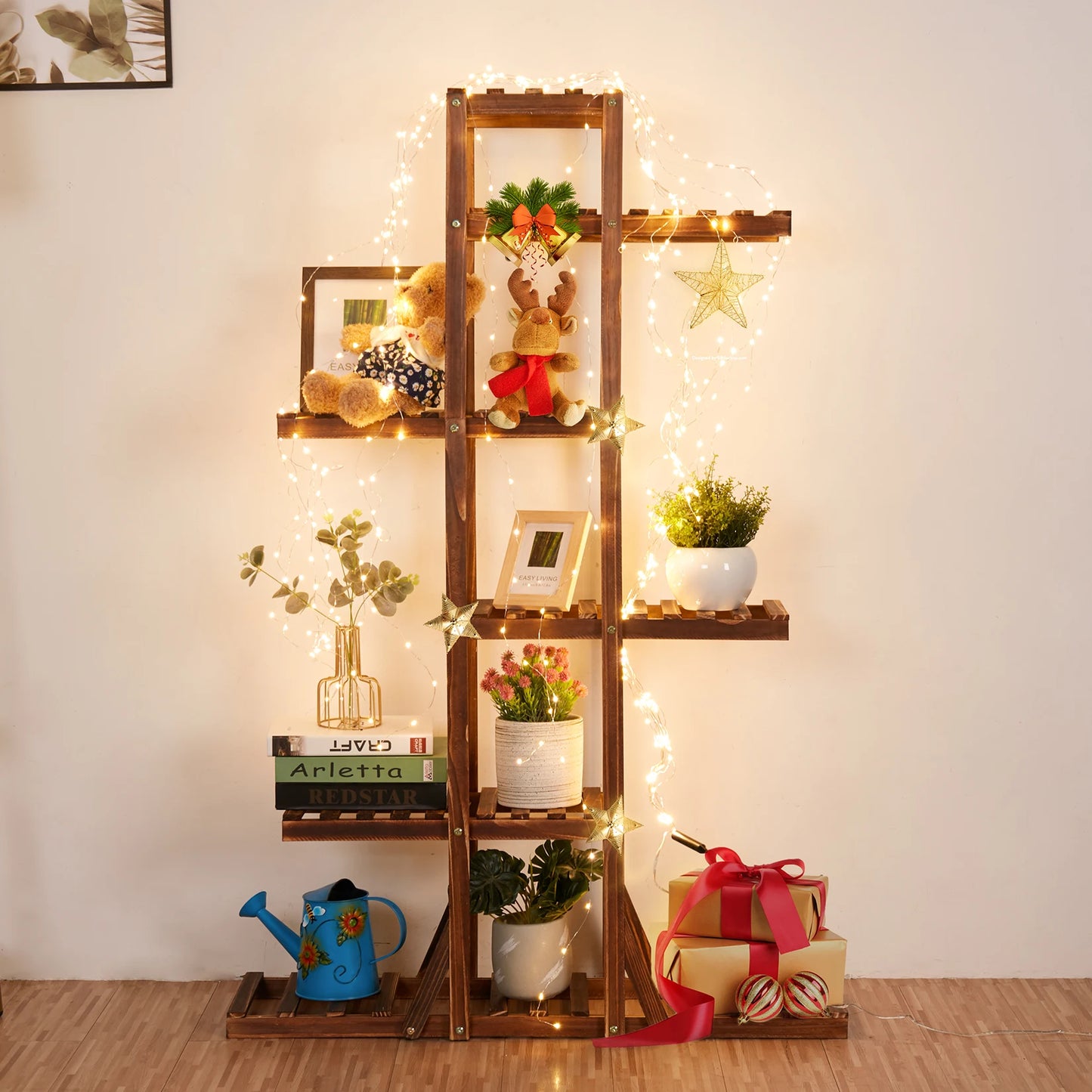 6 Tier Wooden Plant Stand Carbonized Wood Flower Pot Rack for Indoor & Outdoor Display