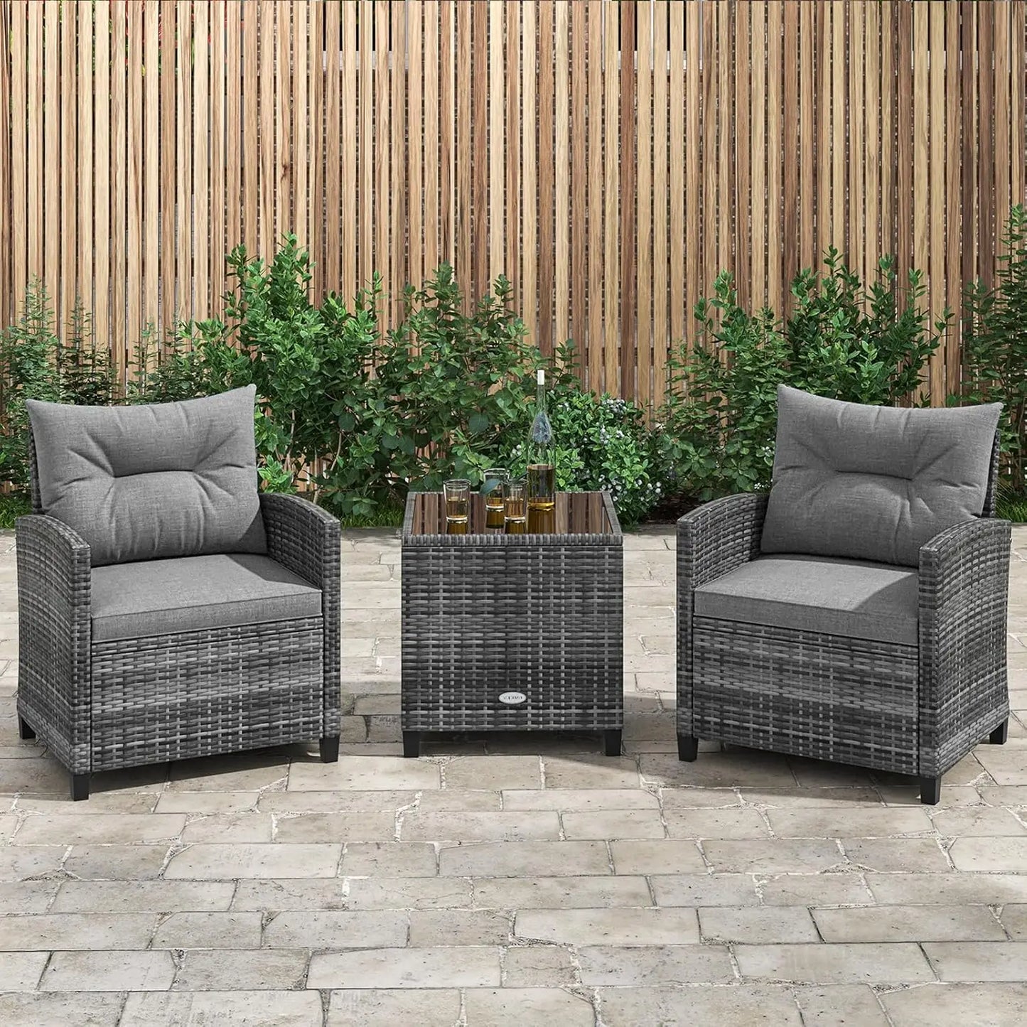 3-Piece Patio Furniture Set Outdoor PE Rattan Conversation Set with Cushions & Glass Table