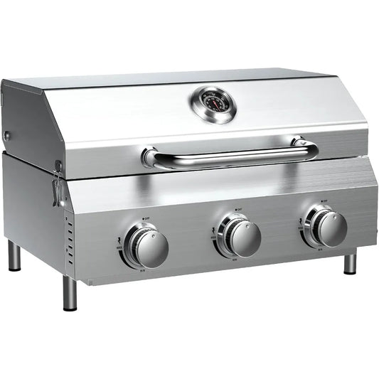 Portable Propane Gas Grill with 3 Burners, 30,000 BTU, Durable Thick Grates and Stainless Steel Controls