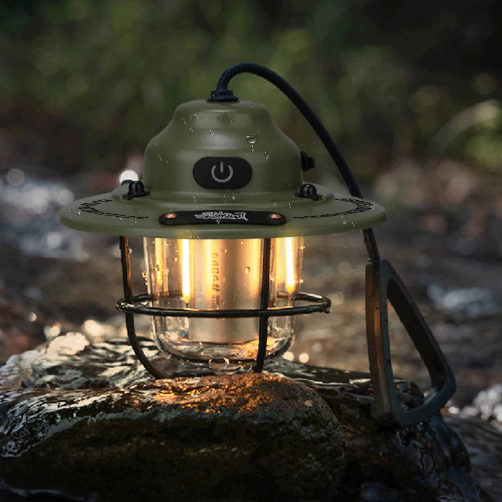 Retro LED Camping Lantern with Type-C Charging & 4 Light Modes