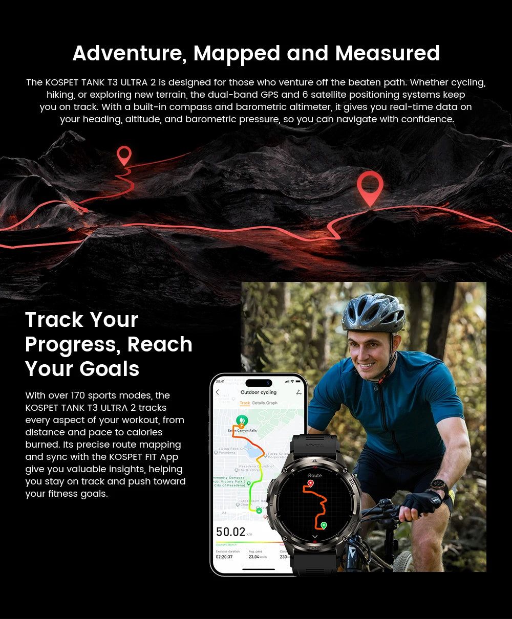 KOSPET TANK T3 Ultra 2 GPS Smartwatch for Men – Compass, Altimeter, Barometer, 5ATM Waterproof, AMOLED Display