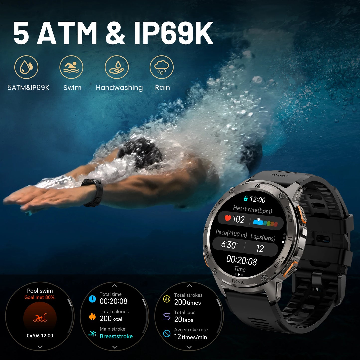 KOSPET TANK T3 Smartwatch – Military Grade, AMOLED Display, 5ATM + IP69K Waterproof