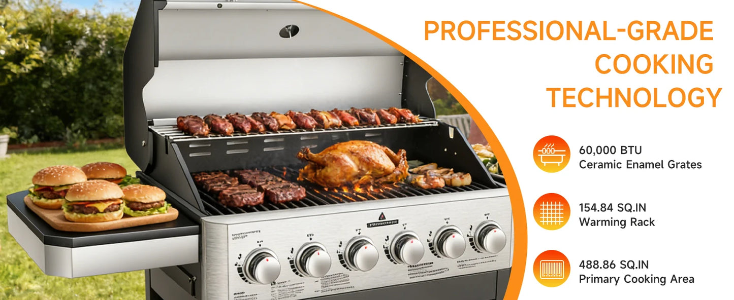 6 Burner Propane Gas Grill, 60,000 BTU Cabinet Outdoor BBQ with Warming Rack, 643 Sq. In. Cooking Area