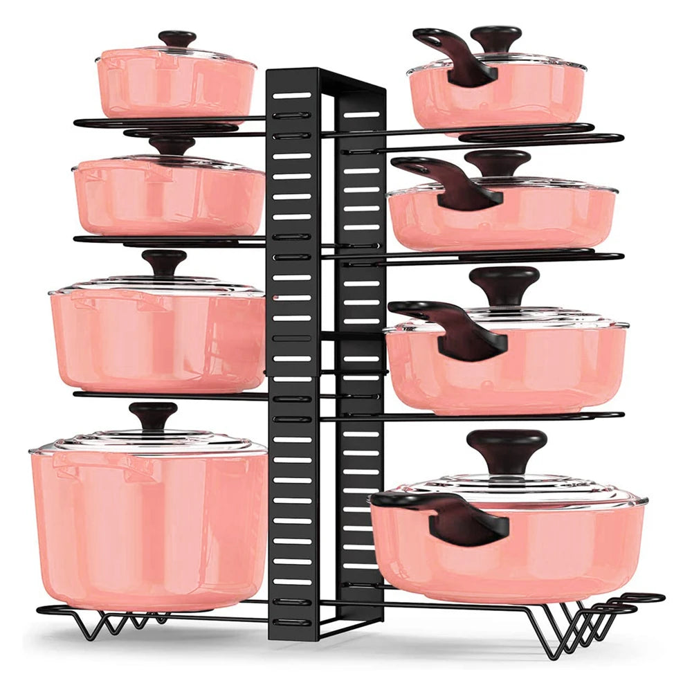8-Tier Adjustable Pot & Pan Organizer Rack | Heavy-Duty Iron Storage Shelf for Kitchen Cabinets