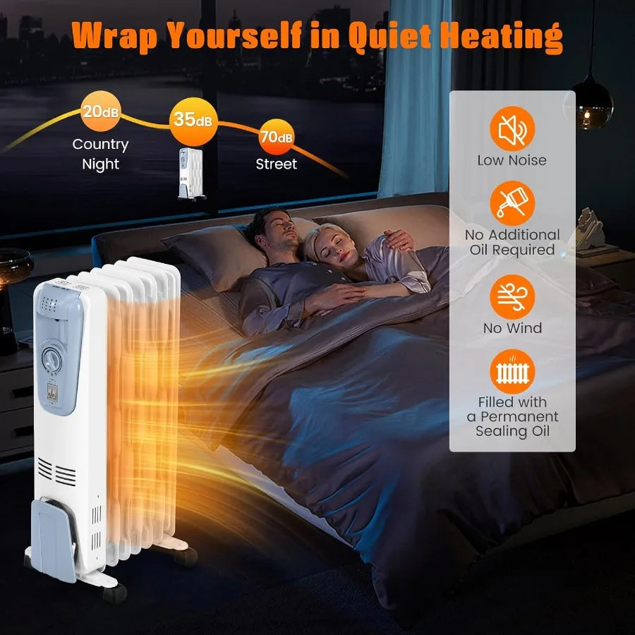 1500W Oil Heater Portable Oil Space Heater w/ Adjustable Thermostat, 3 Heat Settings, Overheat & Tip-Over Protection