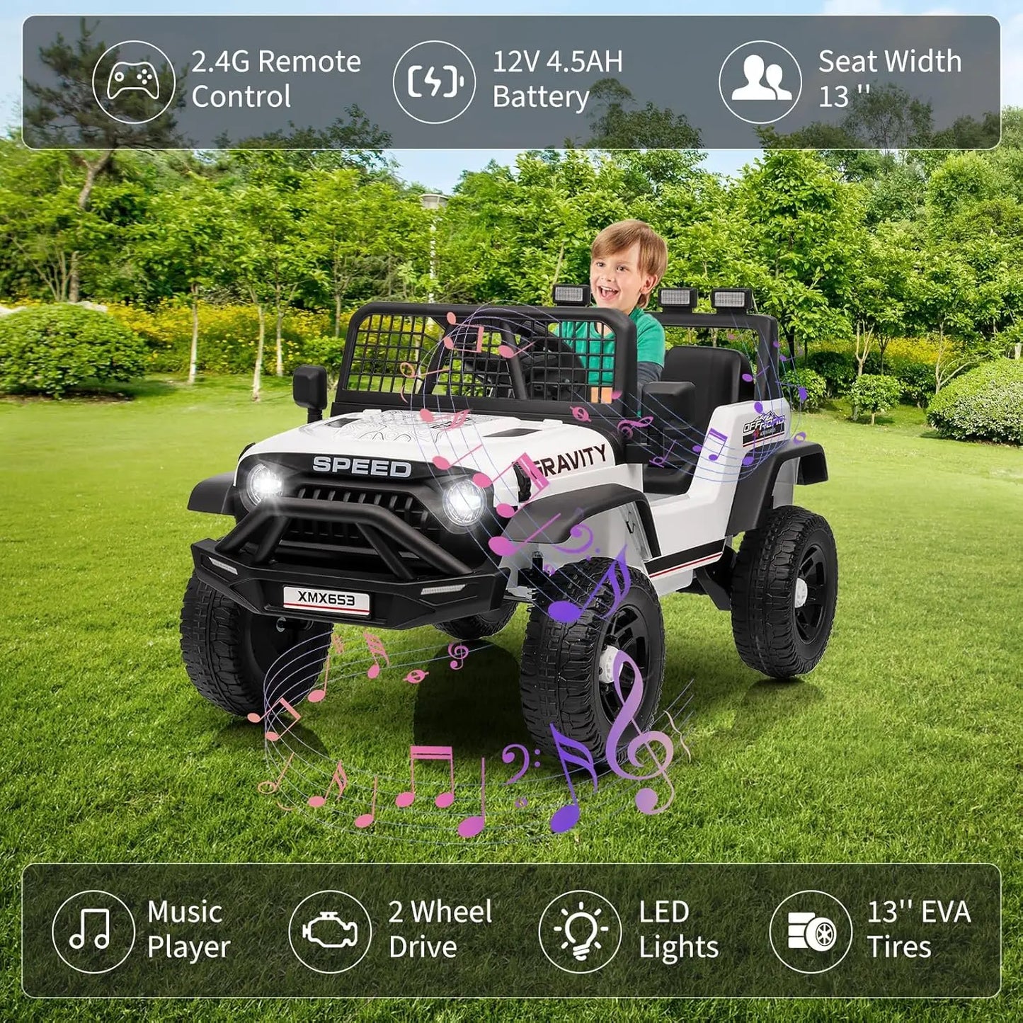12V Ride-On Car for Kids with Remote Control – 3 Speeds, LED Lights, Music & Safety Belt Electric Vehicle for Ages 3–6