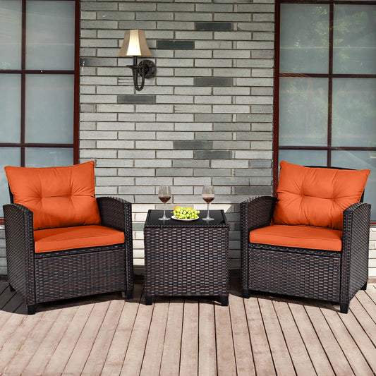 3-Piece Rattan Patio Furniture Set with Cushions and Tempered Glass Table – Outdoor Wicker Conversation Set for Balcony, Garden, or Porch – Orange Cushions