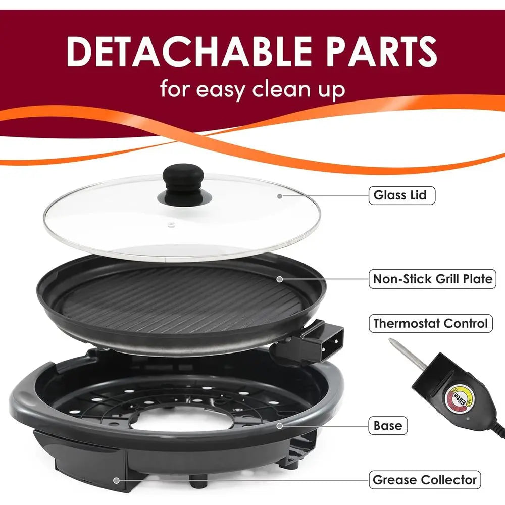 EMG-980B Smokeless Electric Tabletop Grill Nonstick, 6-Serving, Dishwasher Safe Removable Grilling Plate, Indoor Grill with Tempered Glass Lid