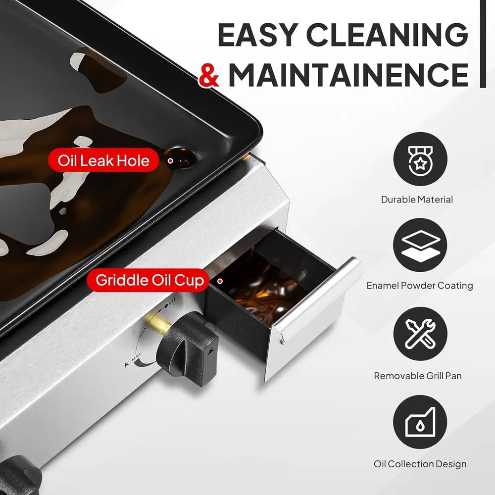 Portable 4-Burner Propane Griddle – 40,000 BTU Outdoor Gas Grill with Enamel Tray, Rolling Cart, Side Shelves & Ignition – Flat Top BBQ Griddle for Backyard & Camping