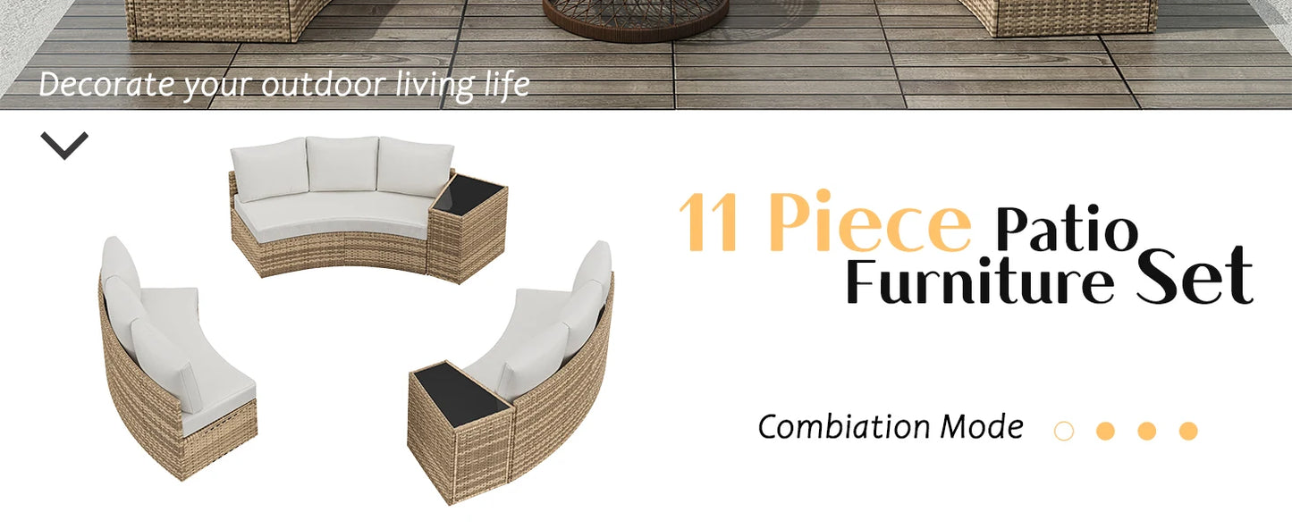 Patio Furniture Sets, 11 Piece Half-Moon Sectional Round Sofa Set, Outdoor Patio Furniture with Cushions & Wedge Table