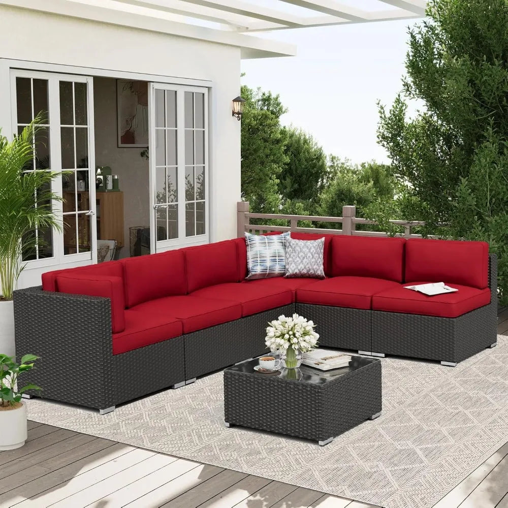 7-Piece Outdoor Patio Furniture Set – Wicker Sectional Sofa with Cushions & Glass Coffee Table