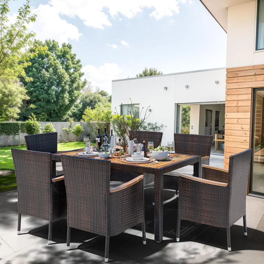 7 Piece Outdoor Patio Dining Set – Wicker Rattan Table & Chairs with Cushions