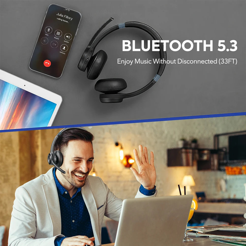 Mpow HC9 Bluetooth 5.3 Wireless Headset with Noise-Cancelling Mic & 45H Battery Life