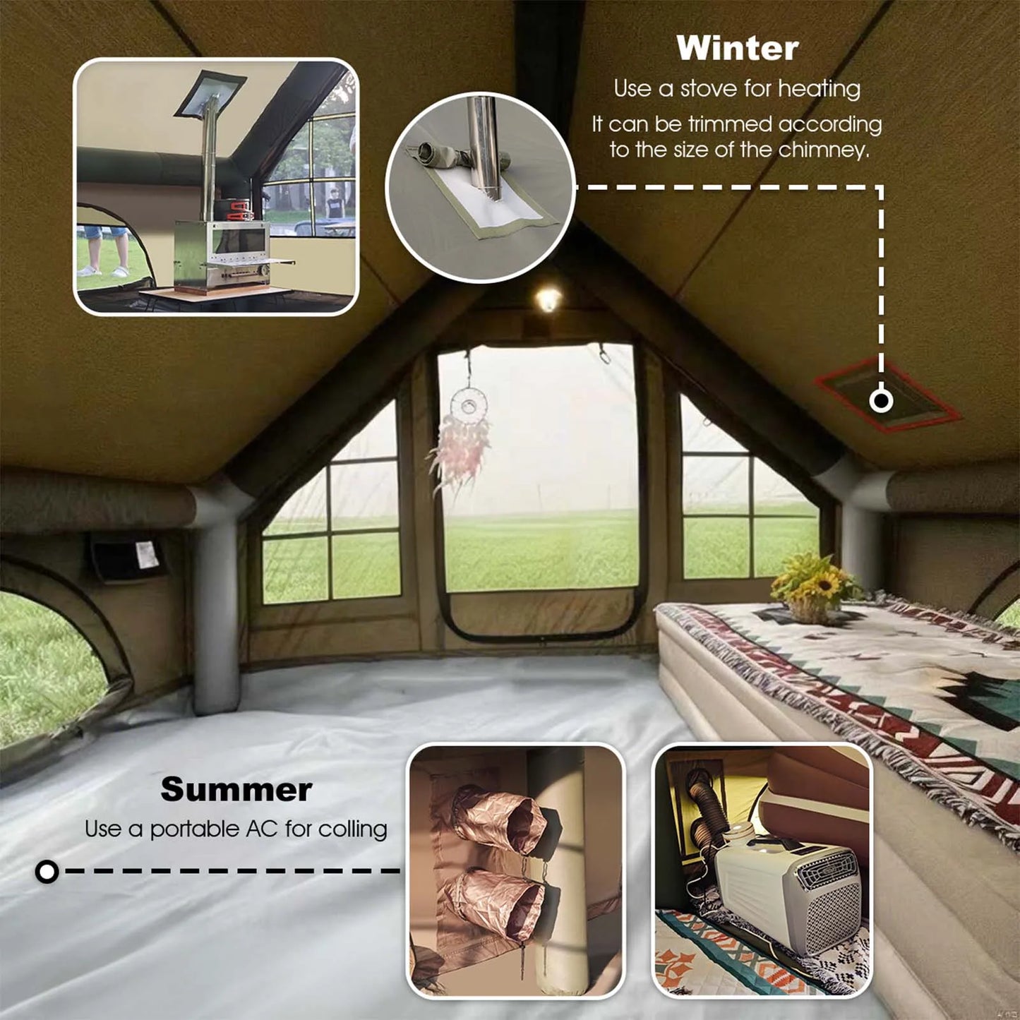 Army Green Waterproof Windproof Inflatable Camping Tent 4-Season Air Glamping Tent House with Chimney Opening & AC Vent