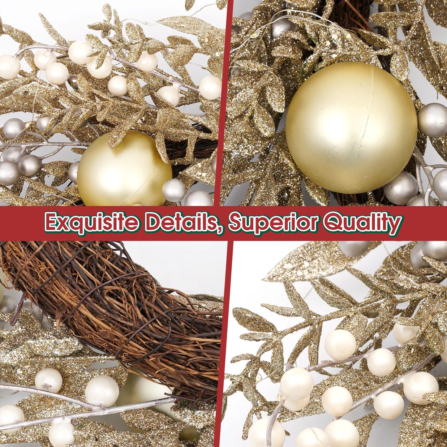 24-Inch Battery-Operated Christmas Wreath, 50 LED Lights & Shatterproof Mix, Easy Outdoor Door Decoration Christmas, New Year