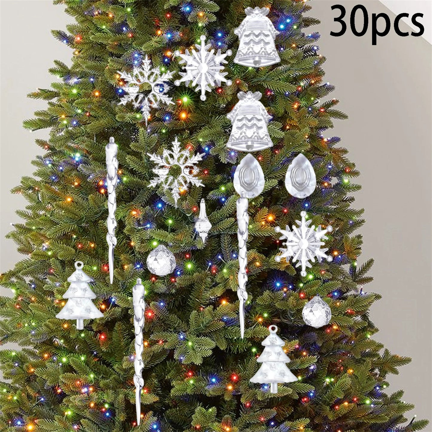 Frosted Glass Snowflake Ornament Set - 30 Pieces Elegant Christmas Tree Hanging Decorations Winter Holiday Icicle Theme
