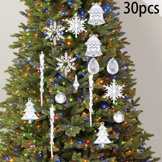Frosted Glass Snowflake Ornament Set - 30 Pieces Elegant Christmas Tree Hanging Decorations Winter Holiday Icicle Theme