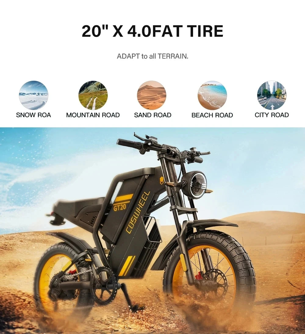 COSWHEEL GT20 PRO Dual Motor Electric Bike – 3000W, 40Ah Battery, 31MPH Fat Tire Off-Road E-Bike