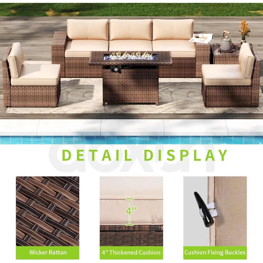 7 Piece Patio Furniture Set with 44" Fire Pit Table – Outdoor Wicker Sectional Conversation Set with Thick Cushions