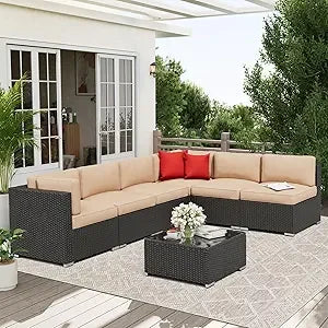 7-Piece Outdoor Patio Furniture Set – Wicker Sectional Sofa with Cushions & Glass Coffee Table