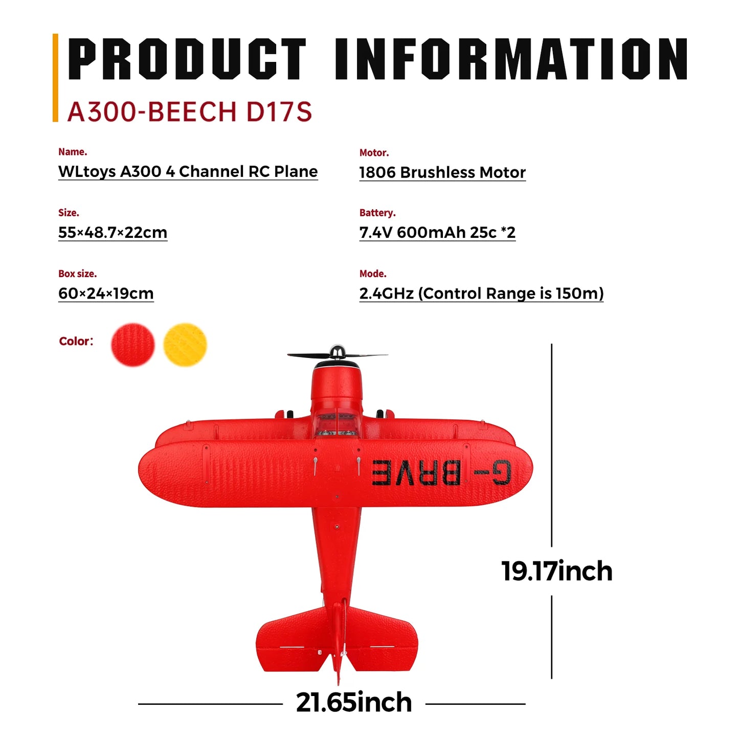 WLtoys A300 Beechcraft D-17 RC Plane – 4 Channel Brushless Remote Control Airplane with Lights, Dual Batteries, 2.4GHz Radio System
