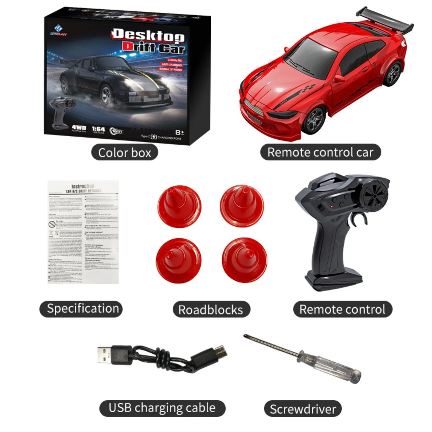 KF20 1:64 Mini Drift RC Car – 4WD Remote Control Racing Car with LED Lights, USB-C Charging, Full Proportional Control Toy for Kids & Adults