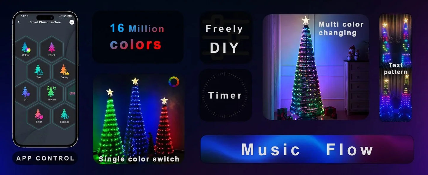 Waterproof  Smart APP Control LED Waterfall Christmas Tree String Lights with Star Topper for Christmas Party Holiday Decoration
