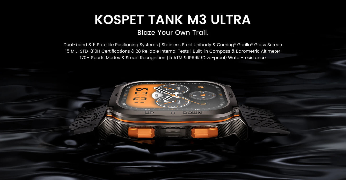 2025 Original KOSPET TANK M3 Ultra GPS Smart Watch For Men Stainless Steel 5ATM IP69K Waterproof AOD AMOLED 24/7 Health Monitor
