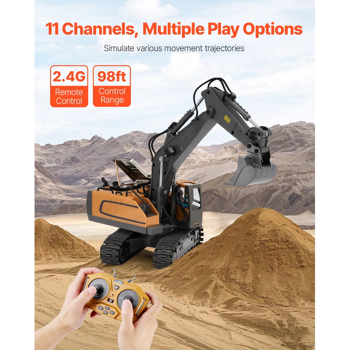 1:20 RC Excavator – 11 Channel Construction Vehicle with Sounds & LED Lights