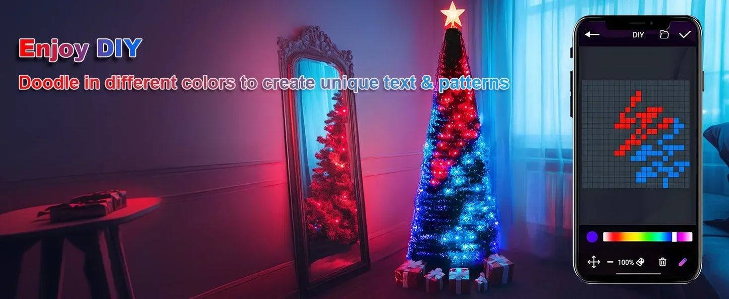 Waterproof  Smart APP Control LED Waterfall Christmas Tree String Lights with Star Topper for Christmas Party Holiday Decoration