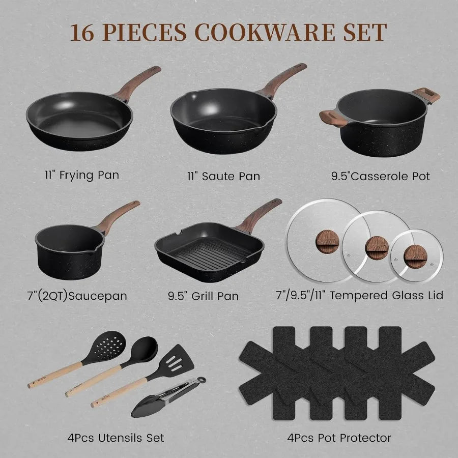 16-Piece Nonstick Ceramic Cookware Set – Healthy Non-Toxic Pots and Pans with Grill Pan & Utensils