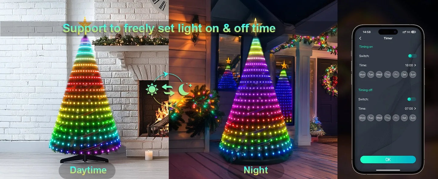 Waterproof  Smart APP Control LED Waterfall Christmas Tree String Lights with Star Topper for Christmas Party Holiday Decoration