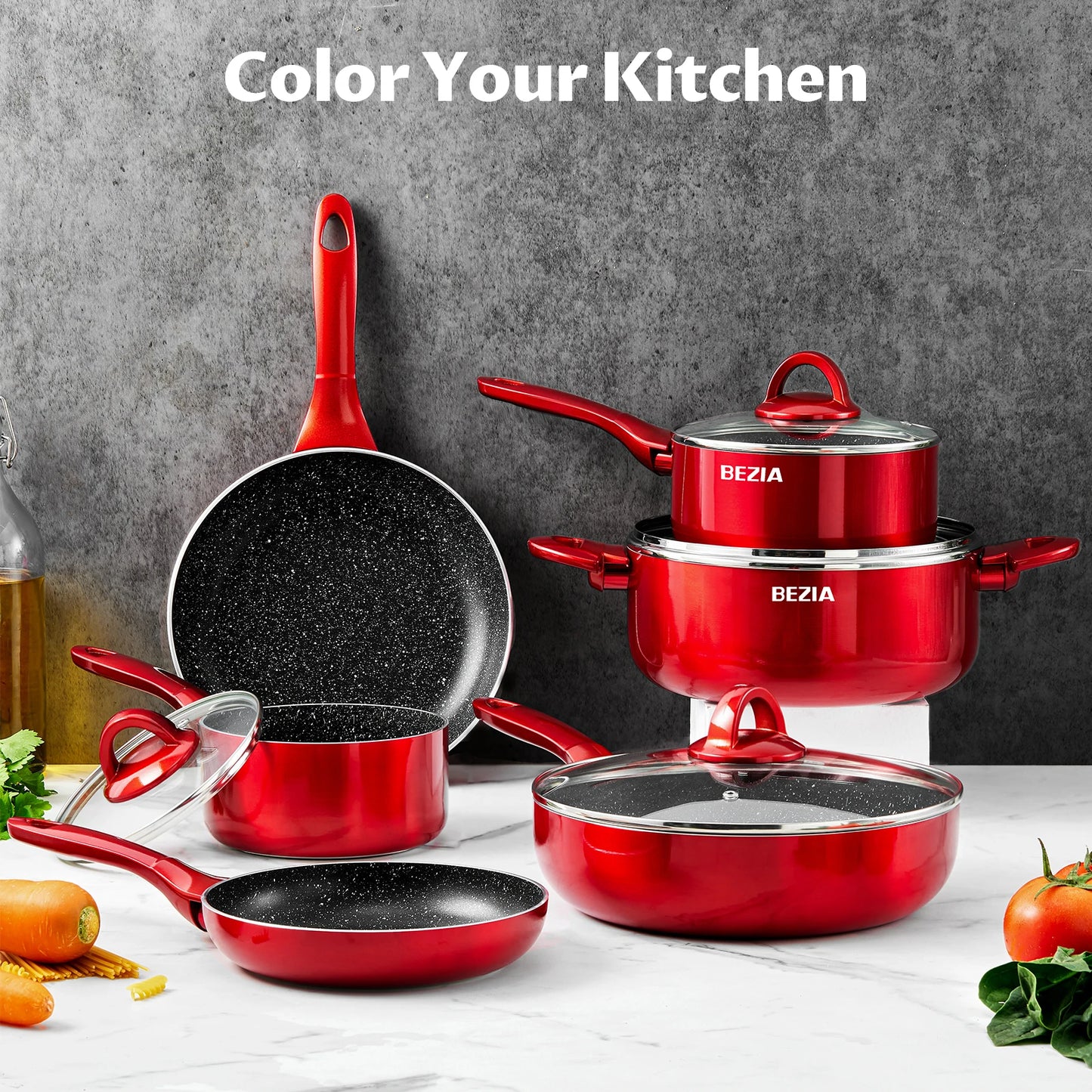 Induction Cookware Pots and Pans Set 10 Piece, BEZIA Dishwasher Safe Nonstick Cooking Pans, Stay-Cool Bakelite Handle