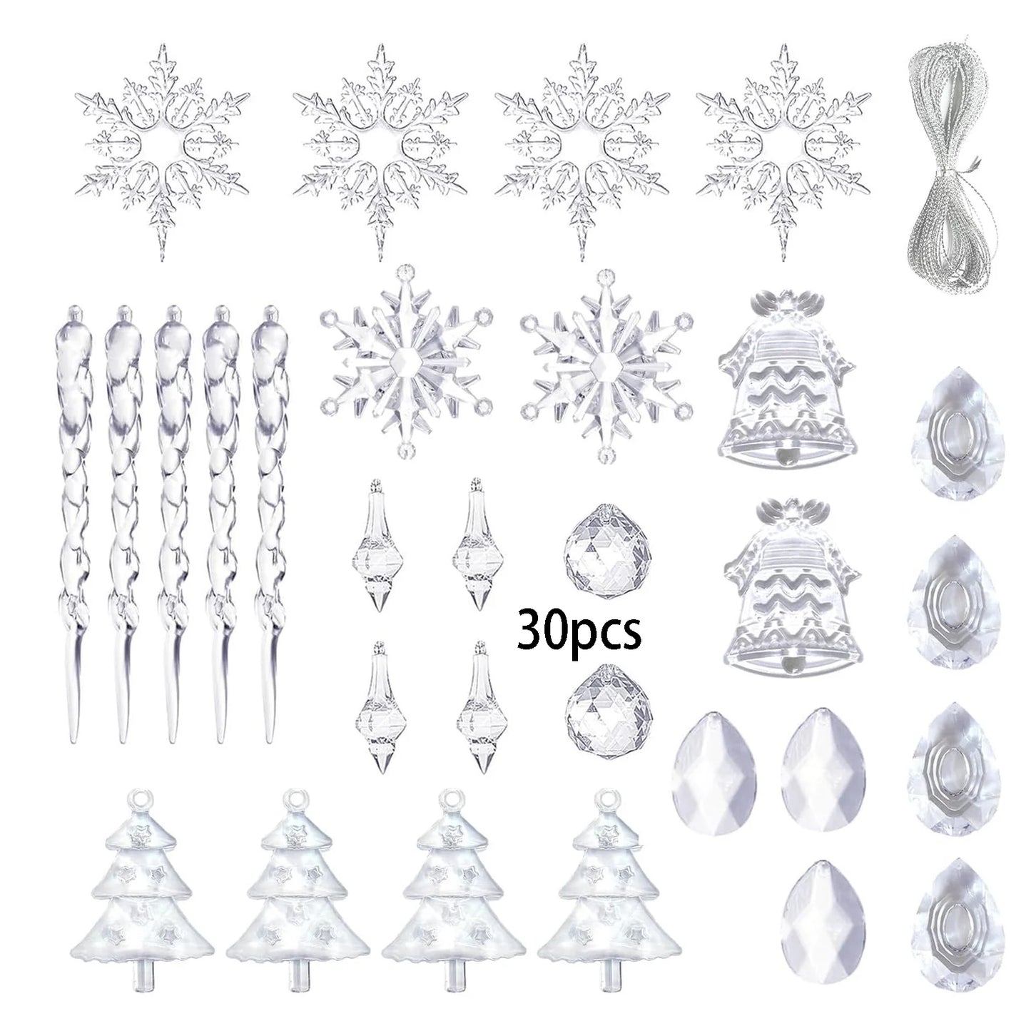 Frosted Glass Snowflake Ornament Set - 30 Pieces Elegant Christmas Tree Hanging Decorations Winter Holiday Icicle Theme