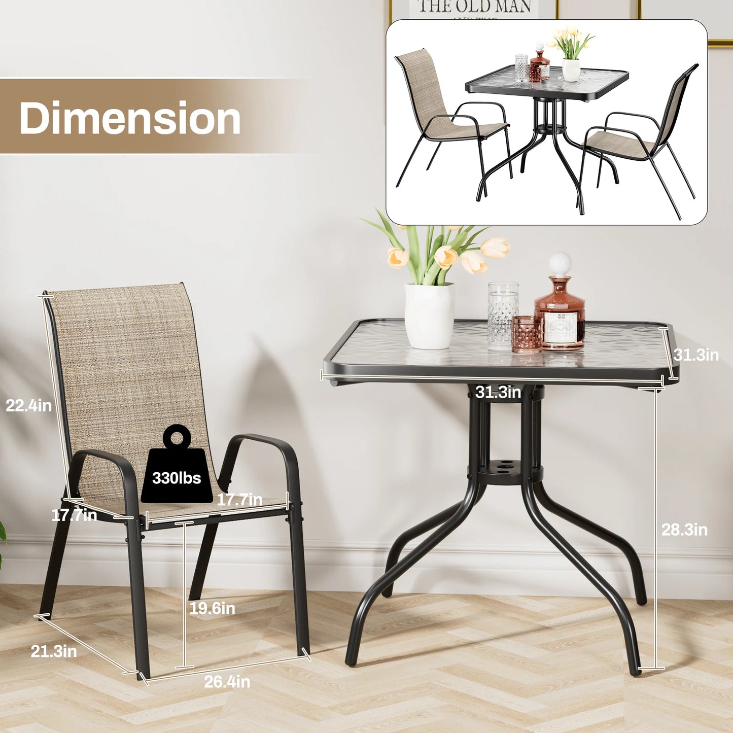 5-Piece Patio Dining Set Outdoor Furniture with Stackable Textilene Chairs & Glass Table