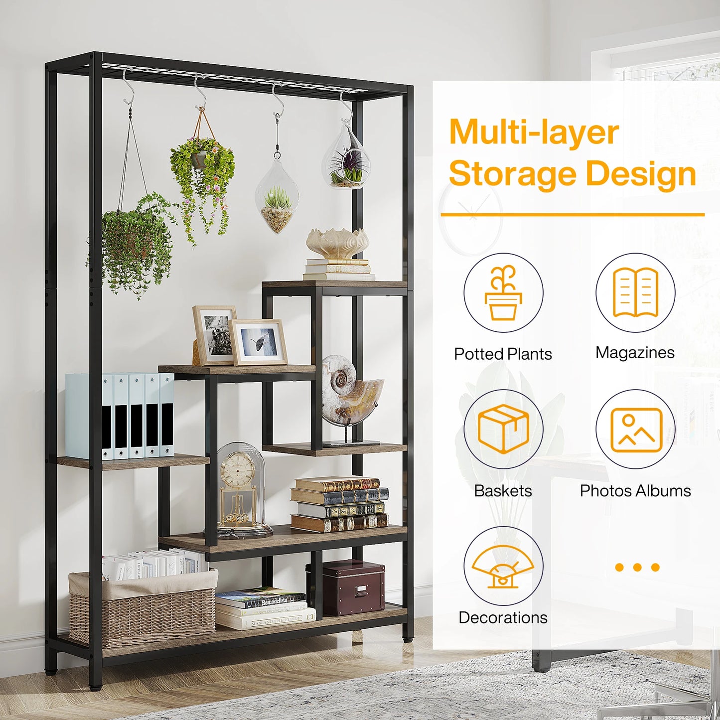 Tribesigns 5-Tier Tall Indoor Plant Stand, 70.9" Large Metal Plant Shelf with 10 Hanging Hooks for Garden, Balcony, Living Room & Patio