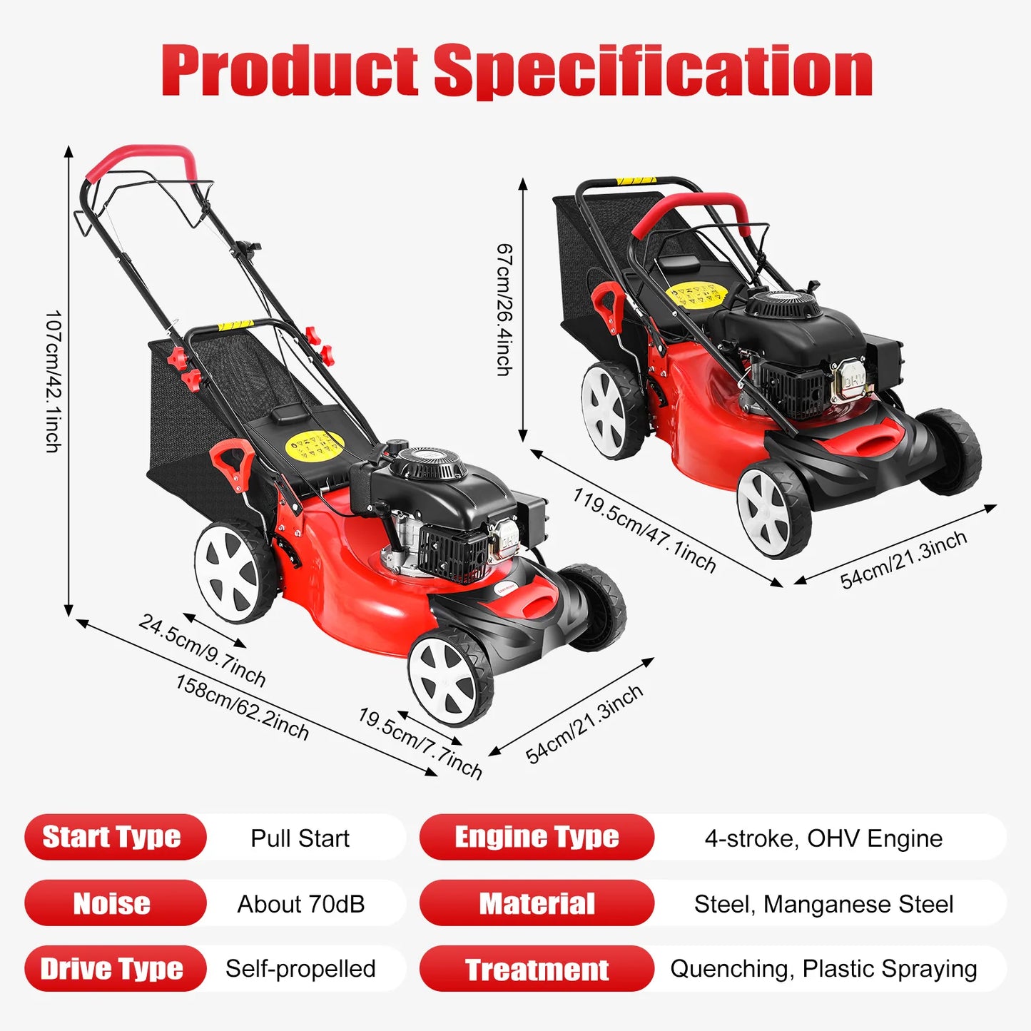 Self-Propelled Gas Lawn Mower 5HP 140CC, 20 Inch Cutting Width with 60L Grass Bag, 8 Height Adjustable 4-Stroke Engine