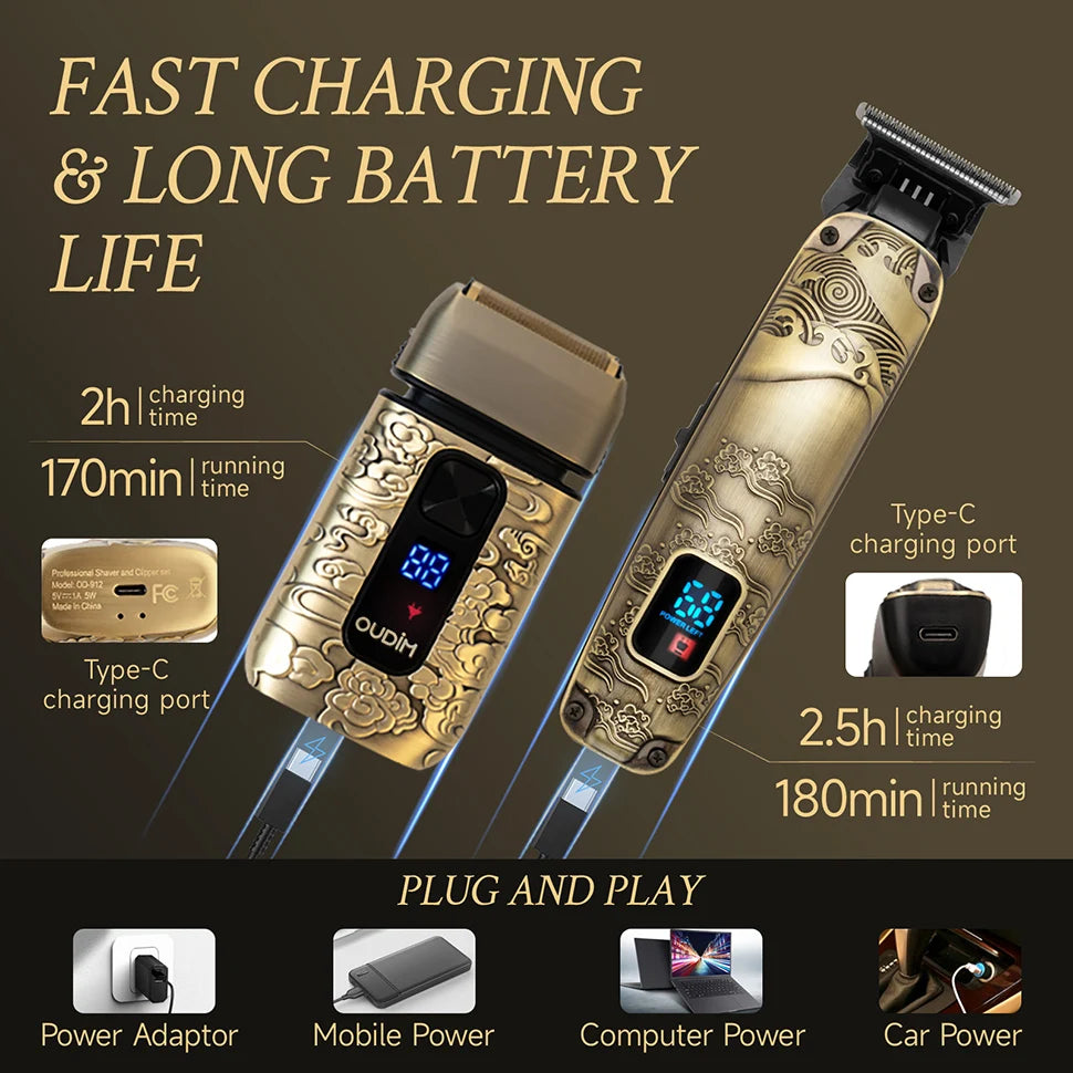 OUDIM 2-in-1 Professional Shaver & Clipper Set with High-Speed Motor, Type-C Fast Charging & LED Display