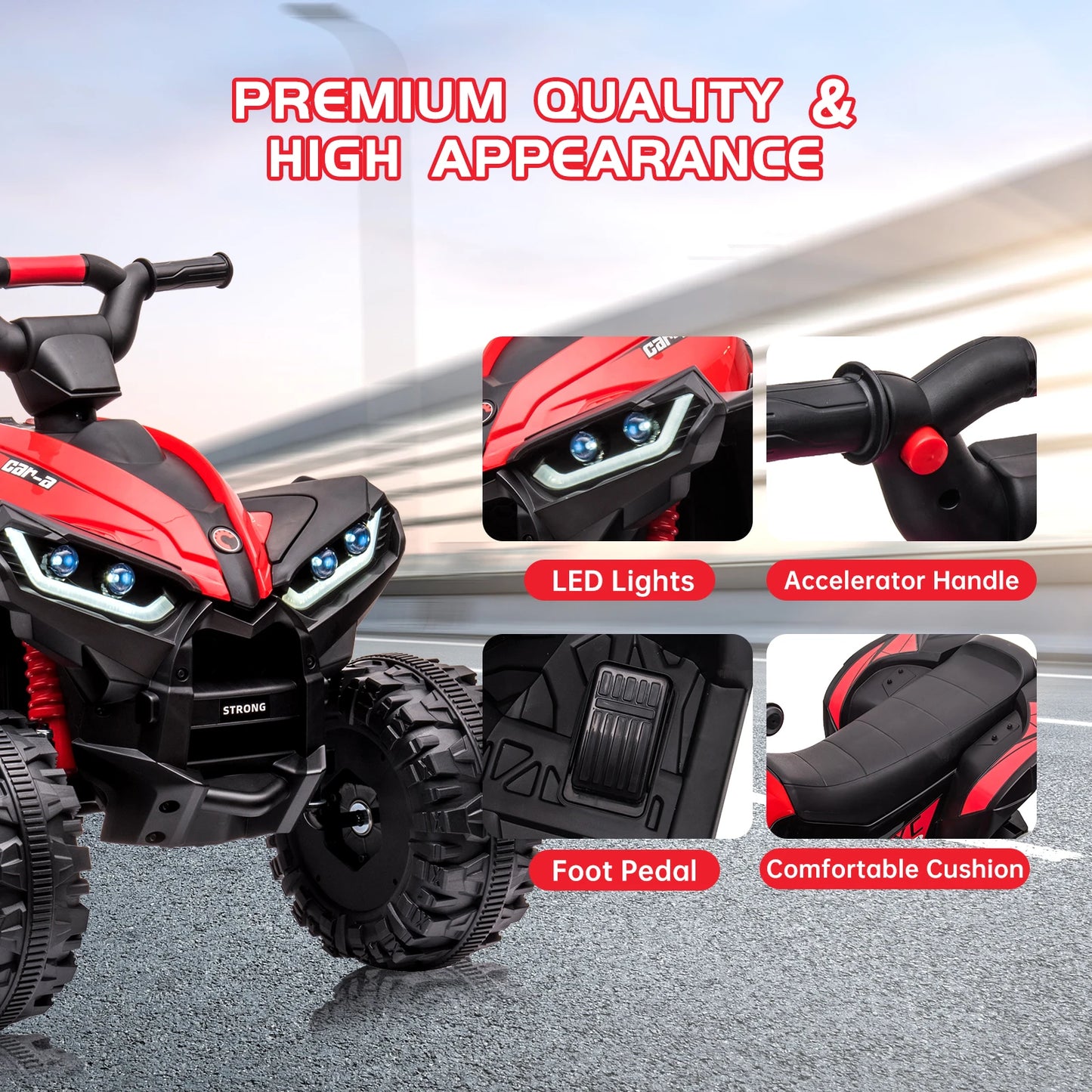 12V Kids Ride-On ATV Quad – Electric Four-Wheeler with Dual Motors, LED Lights, USB Music, and Treaded Tires for Ages 3–6