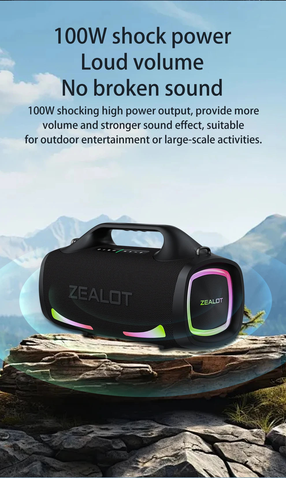 ZEALOT 100W Portable Bluetooth Subwoofer Speaker – 24000mAh Battery, RGB Lights, Waterproof, Wireless Pairing