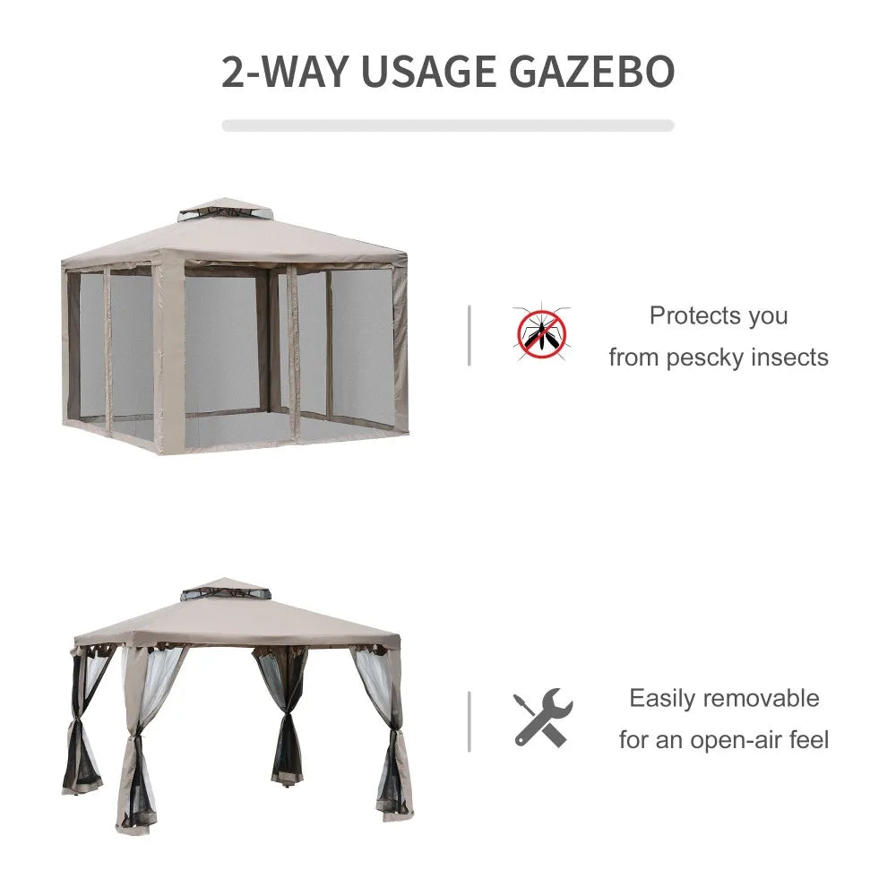Patio Gazebo, Outdoor Canopy Shelter with 2-Tier Roof and Netting, Steel Frame for Garden, Lawn, Backyard, and Deck, Taupe