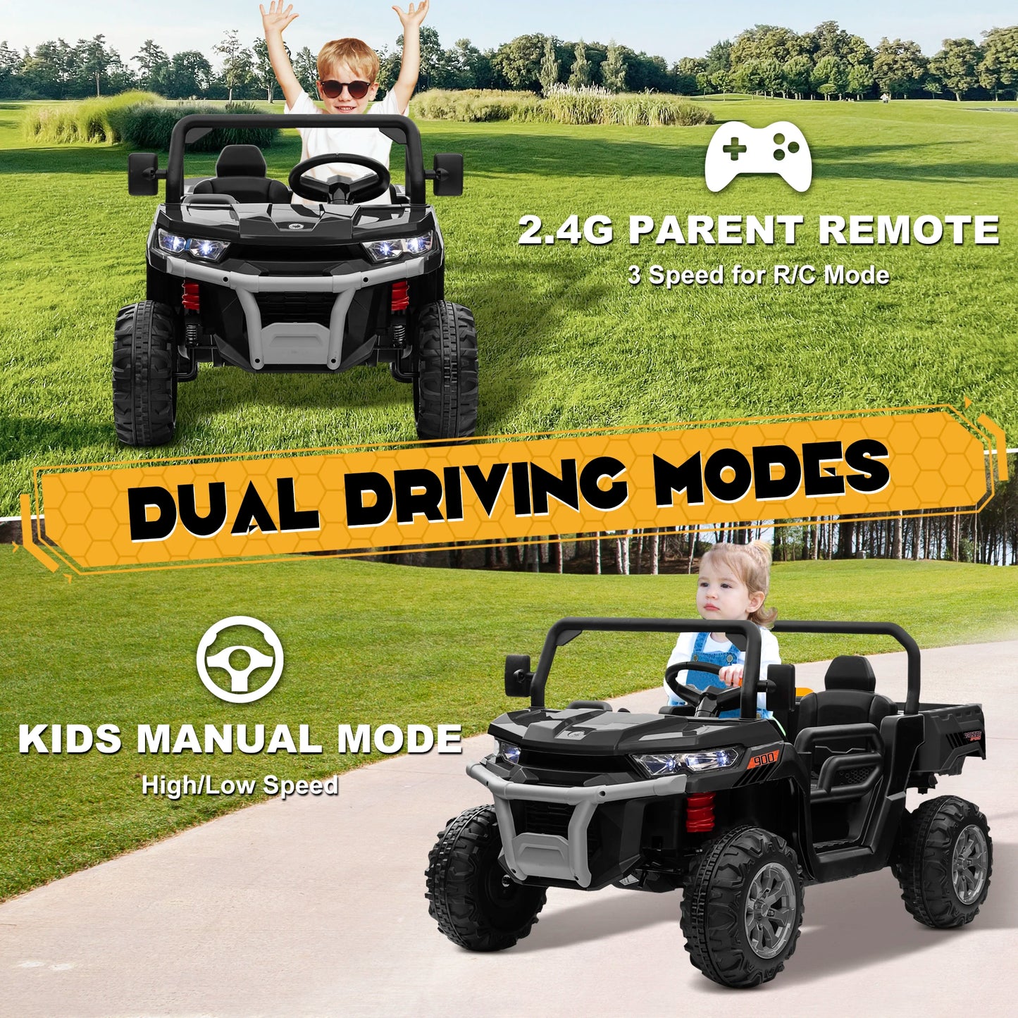 24V 2-Seater Ride-On Dump Truck with 800W Motors, Remote Control & Electric Bed – Off-Road UTV for Kids