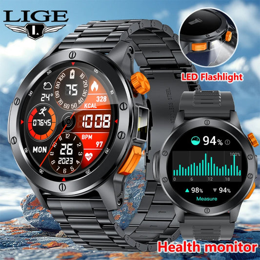 LIGE Sports Smart Watch – LED Flashlight, Bluetooth Call, All-Metal Military Design, 100+ Sports Modes