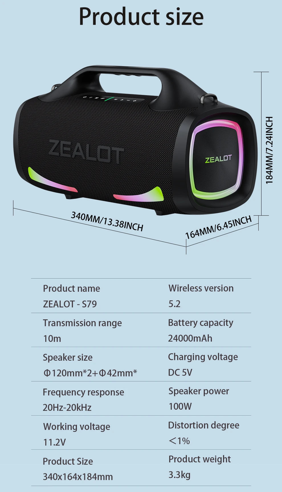 ZEALOT 100W Portable Bluetooth Subwoofer Speaker – 24000mAh Battery, RGB Lights, Waterproof, Wireless Pairing