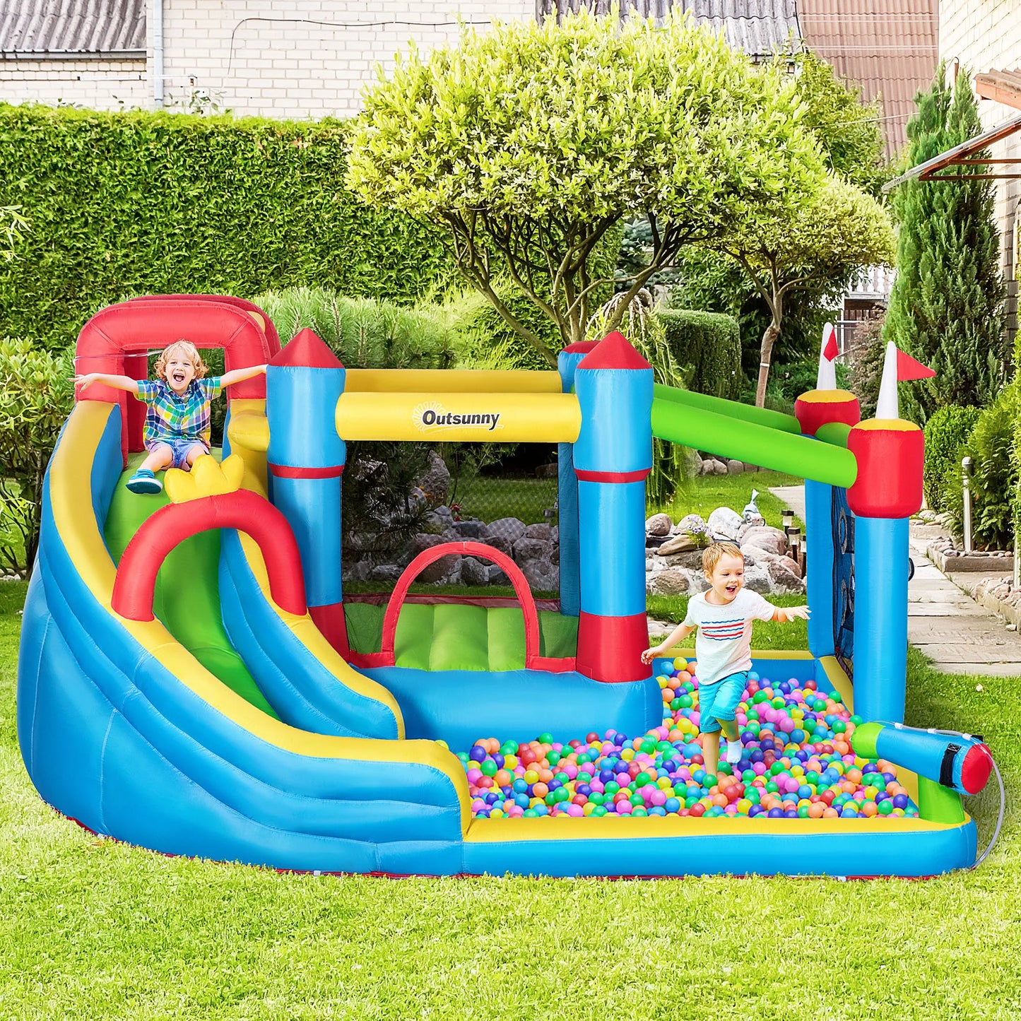 6-in-1 Inflatable Bounce Castle with Slide, Trampoline, Climbing Wall & Water Pool – Outdoor Kids Water Park Playhouse