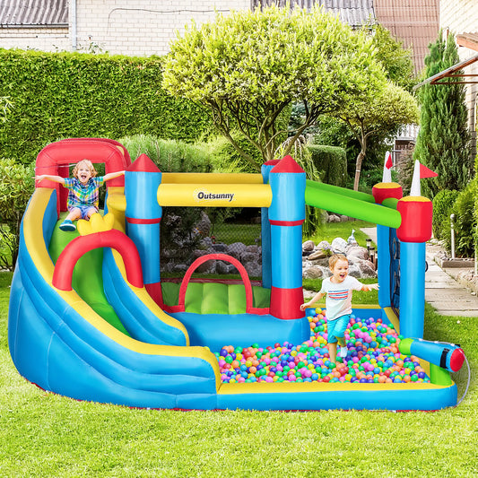 6-in-1 Inflatable Bounce Castle with Slide, Trampoline, Climbing Wall & Water Pool – Outdoor Kids Water Park Playhouse